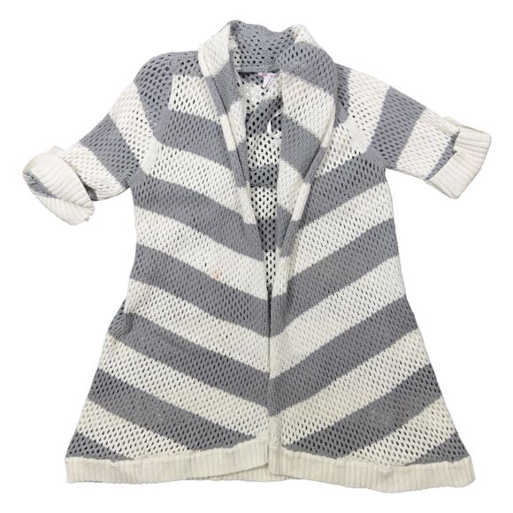 Xhilaration Sweater Women's Large Gray White Knitted Mesh Striped Open Cardigan - Picture 1 of 9